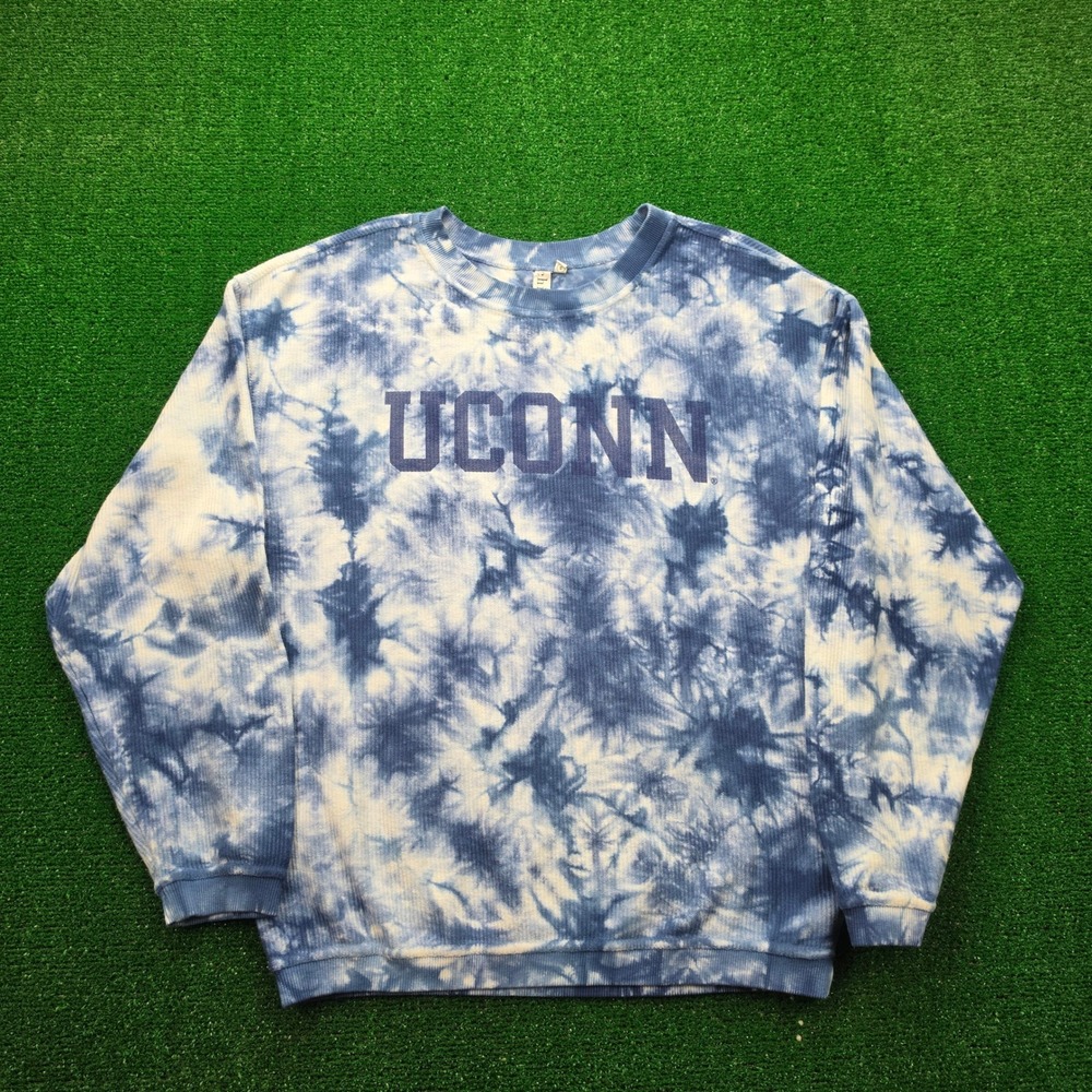 UConn Huskies Sweatshirt Womens Small Blue White Tie Dye Corded Crewneck NCAA